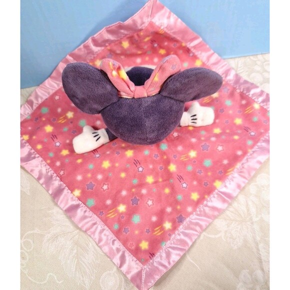 Disney Minnie Mouse Baby Blanket Lovey Rattle Pink Satin Shooting Stars Toy - Picture 8 of 8